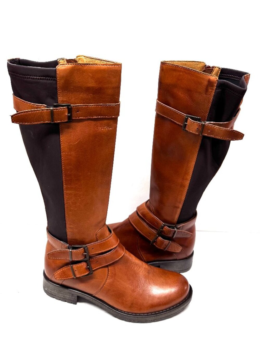MIZ MOOZ TALL BOOTS SIDE ZIP BUCKLE ELASTIC BACK GORE BRANDY 37EU / 7US NEW B 89